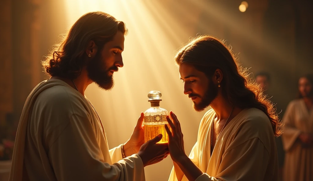 "Jesus Anointing with Oil "
Jesus holding an oil bottle and anointing a person's head with an expression of gratitude and peace.  The environment is illuminated by a soft, heavenly light ,  bringing a sense of renewal and healing .