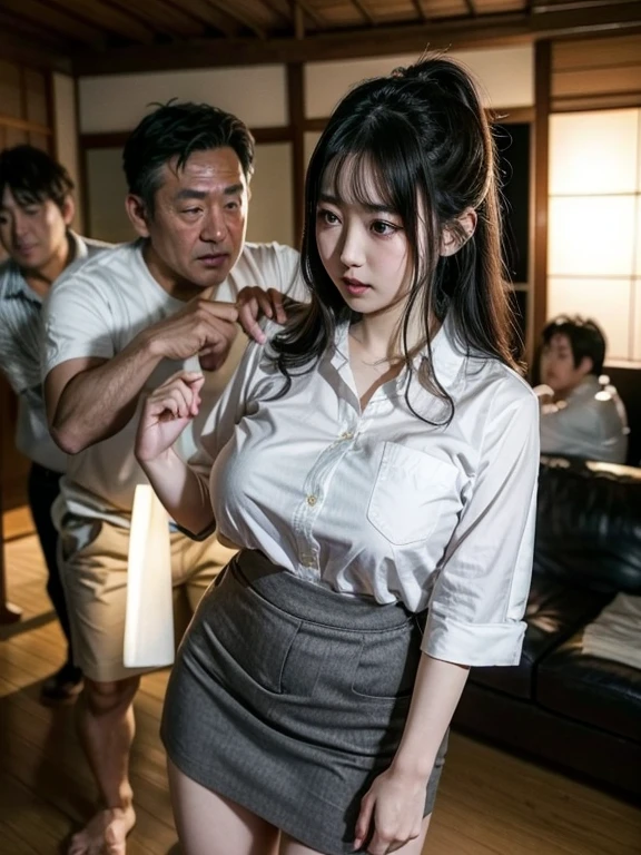  1 young Japanese woman、 cute、anxiety、 black hair、Hair clip、 has big breasts、 white cutter shirt 、 gray flare skirt 、（A few Japanese middle-aged men)、Surrounded by disgusting middle-aged men、The living room of an old share house、indoor、whole body、 anatomically correct、 masterpiece、 High Quality、 Very detailed、4K