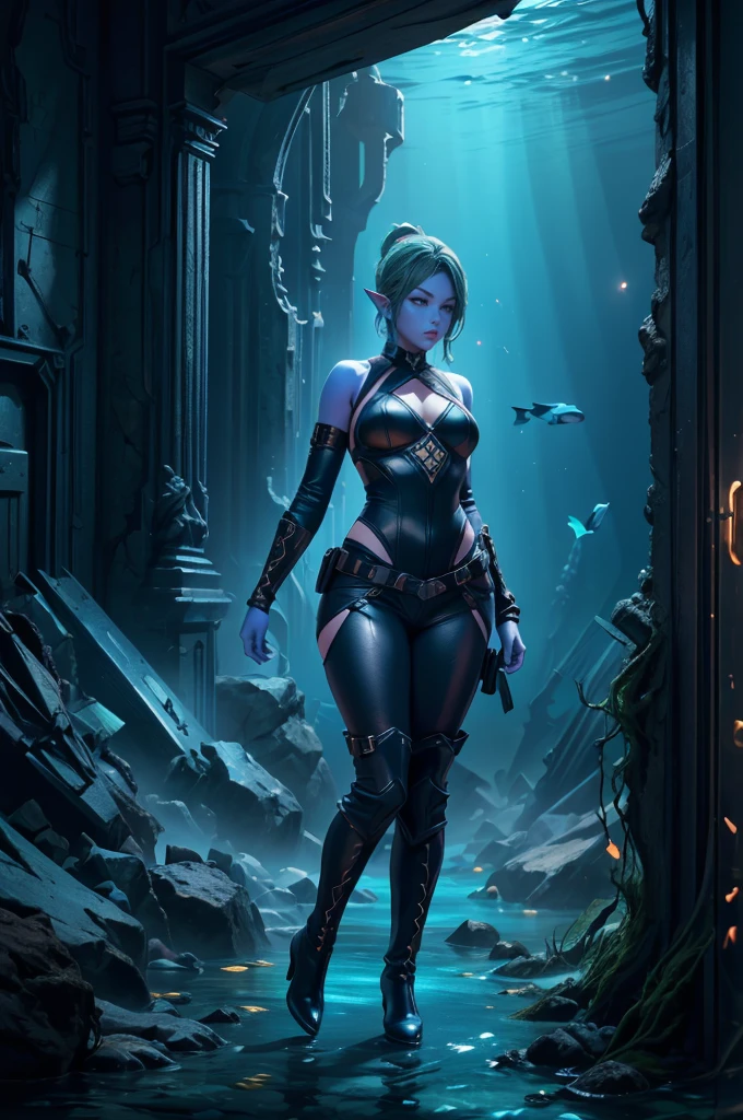 A female sea elf with light blue skin, blue skin, sexy blue skin, green hair long ponytail, and blue eyes, elf ears, wearing a sexy black dominatrix costume, with a sexy black harness, high heeled boots, in a full body pose, underwater, (best quality, 4k, 8k, highres, masterpiece:1.4),ultra-detailed,(realistic,photorealistic,photo-realistic:1.37),detailed fantasy character, hyper realistic, highly detailed face, intricate details, dramatic lighting, sci-fi, cinematic, moody atmosphere, cinematic lighting, dramatic lighting, vibrant colors, depth of field