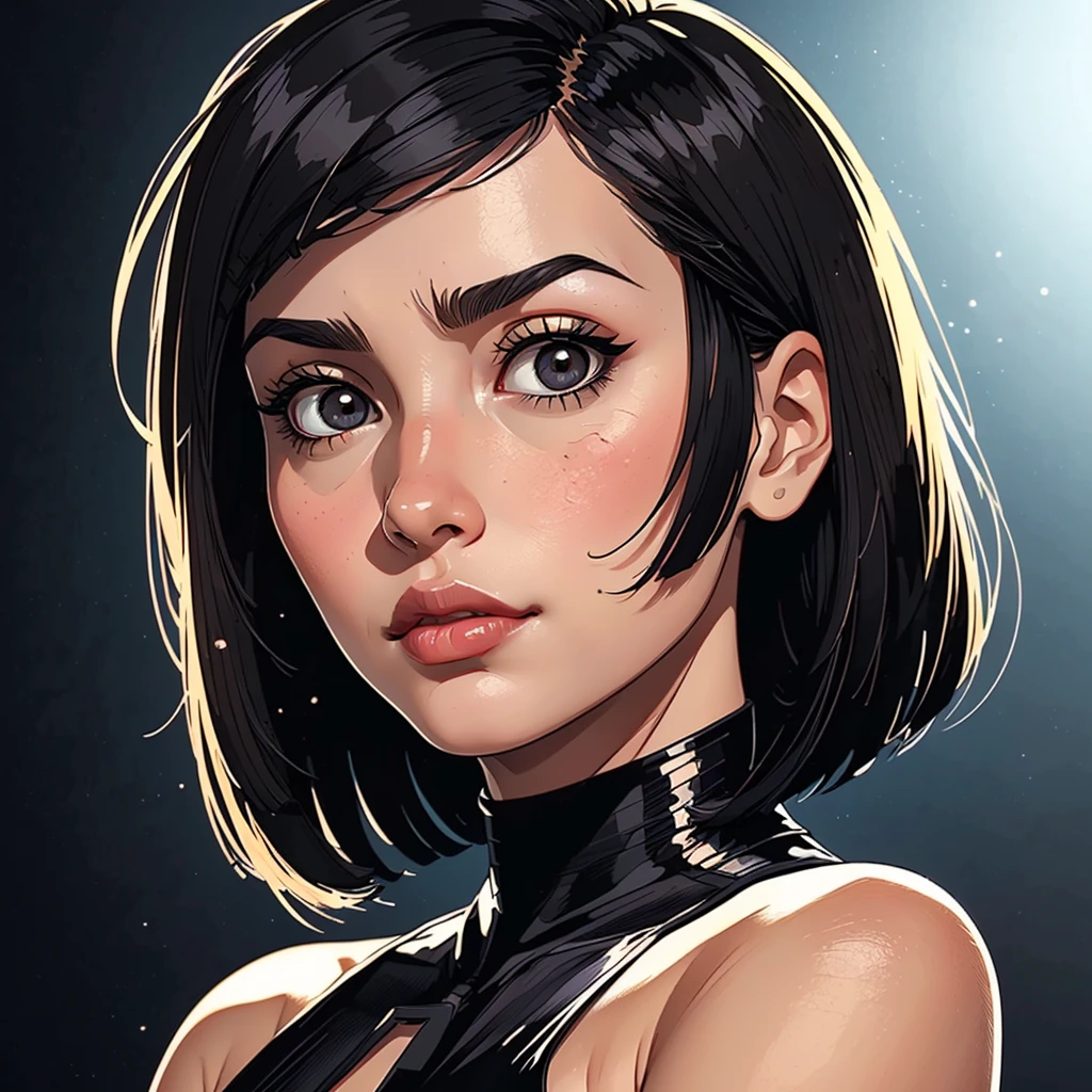 one asian girl, ada wong, solo, (face, upclose face:1.4), black eyes, black hair, (bob cut:1.3), (bare shoulders, bare neck:1.2), masterpiece, highly detailed, look at viewer, shiny blured background, gradient sprayed background, front view, blured background, glowing edges of image