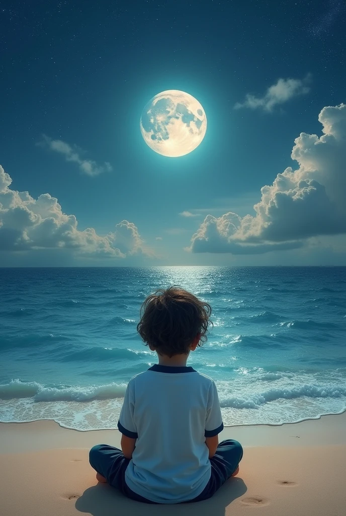 A boy sitting at sand and see the sea and a big moon