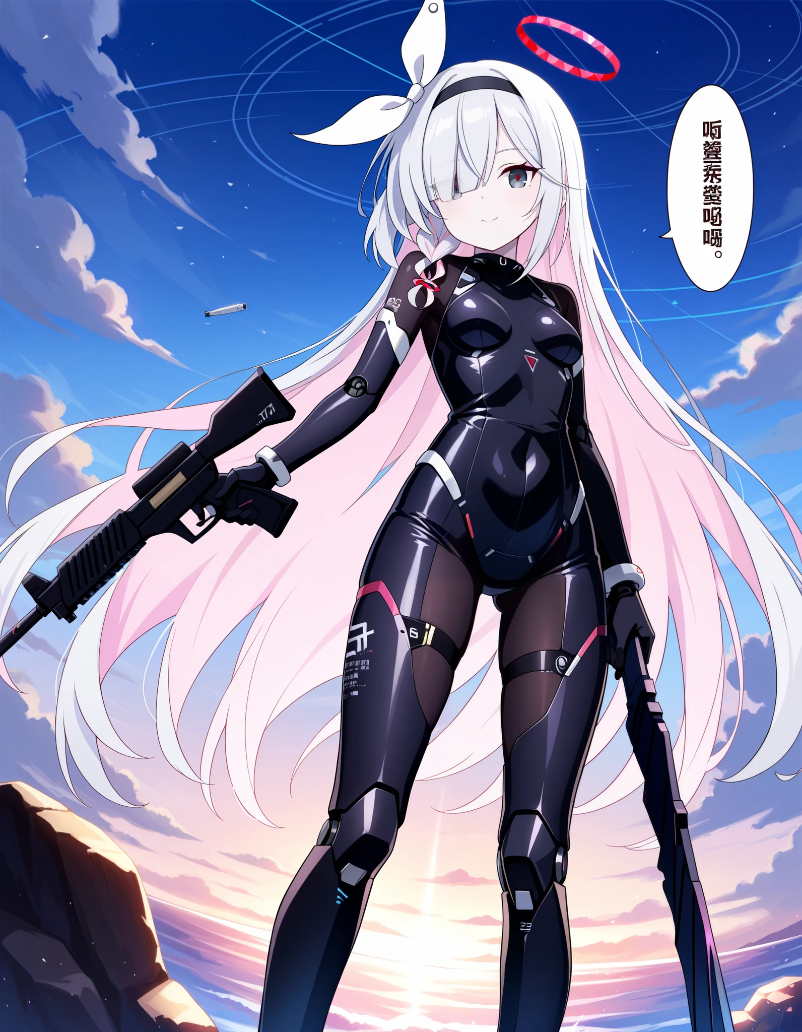 score_9,score_8_up,score_7_up, plana \(blue archive\),hair over one eyes,grey eyes, 1girl,chinese text,pink hair,weapon,gun,solo,holding weapon,holding gun,red eyes,holding,mechanical arms,bodysuit,breasts,smile,science fiction,hairband,tattoo,simplified chinese text,android,fake animal ears,mecha musume, BREAK,masterpiece, best quality,