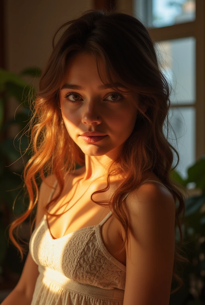 {Best Quality}, {{Masterpiece}}, {Superbly delicate and beautiful}, Outstanding light and shadow, Highly detailed wallpaper, Shades of sunlight, One girl, Fine, downcast, delicate and messy hair, Realistic skin texture,,Cave, Tight waist, Few freckles