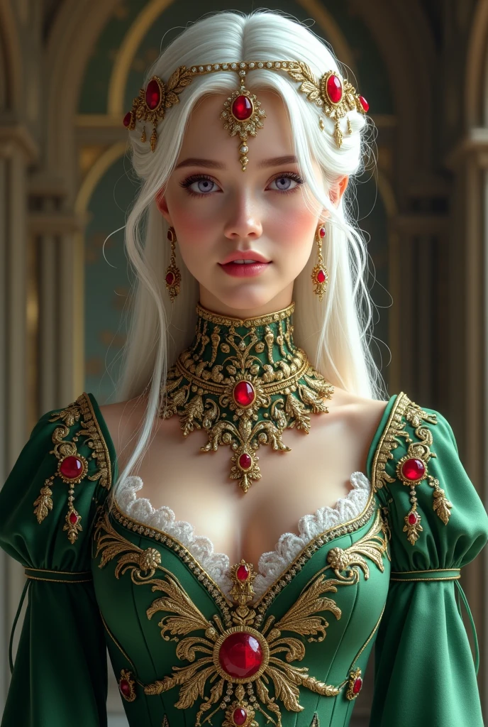 Woman, serious, warrior, armour, elegant, red and green dress, aristocratic, silver elements, long nails, blonde hair, blue eyes, bare shoulders, hairstyle, hair up, braid and ponytail, messy, arrogant, absurd, detailed dress, royalty, celebration, hall decorated with flowers, cowboy shot, portrait, (best quality), (masterpiece), (highly detailed), (4k)