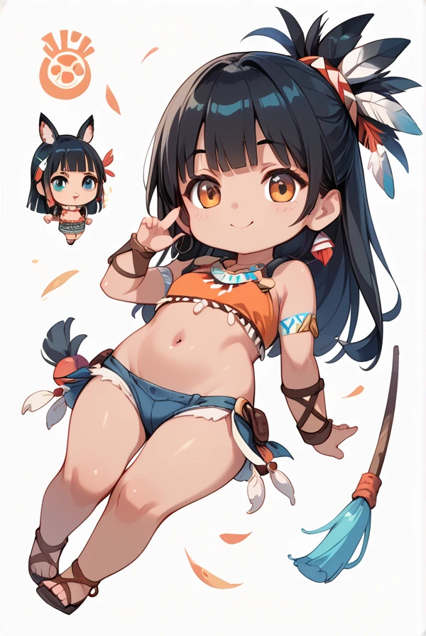 Chibi character, two-dimensional, cute, black hair, Native American clothing