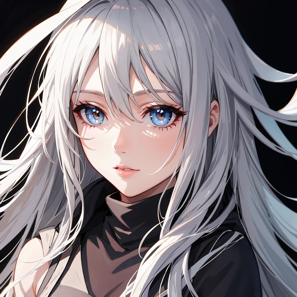 White girl, dark grey hair color, very long flowing hair, grey eye color, small eyes, round eye shape, eyeliner, realistic face shape. black shirt, portrait, wearing a black hood, black background, Depth of Field. looking at camera, dreamy look detailed eyes, detailed face, detailed skin, Ultra Detailed, Beautiful and Aesthetic, Masterpiece, Best Quality, shoulders showing. fish net fabric, round chin shape. wearing black hood over hair. showing full upper body and face. wearing a black hood, alot of flairs in background, zoomed out, black and white. glowing,