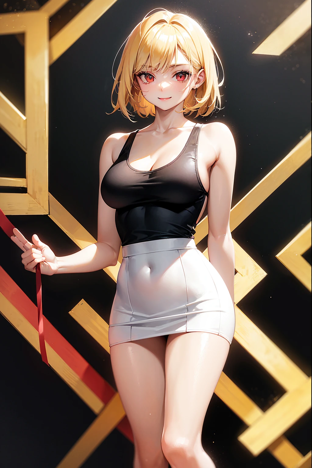 name zoe. 20 year old teenager, beautiful angelic face. red eyes. White skin color. Height 1,70, detailed physique, large and firm breasts, Short blonde hair. CLOTHES, black tank top. white mini skirt, Body detail, straight and firm posture looking towards the camera