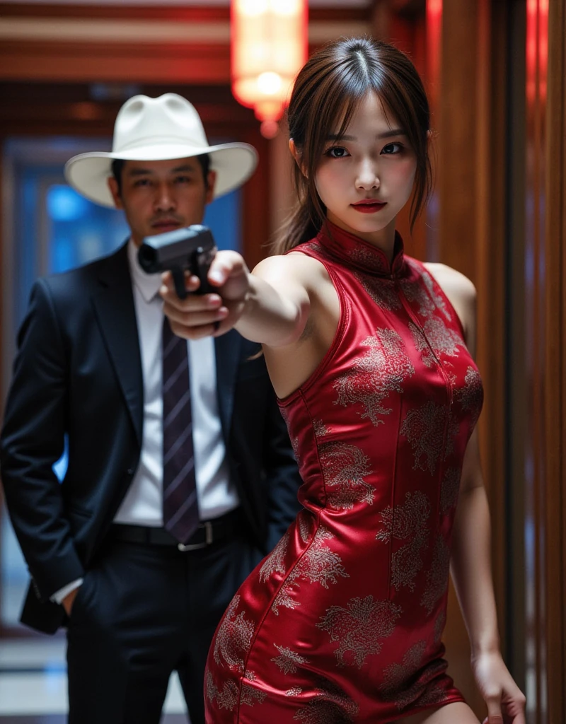  professional photos,  beautiful Japanese woman , female assassin,  brown hair,  ponytail hair on the face and whole body,  front view of a red dragon patterned China dress:1.331, form-fitting dress:1.331, She has a handgun ,  pointing a handgun at a man in a white hat and white suit in the large lobby of a Shanghai hotel :1.331, in the lobby of a cheap hotel in Hong Kong, Dark indoors,  red lights and blue lights , Bokeh,  depth of field,  