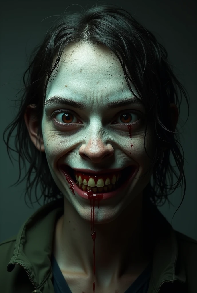 Produces chaotic, expressionistic portraits using dark colors. Young  gothic zombie woman with half of her face rotting with green cream, visible bones and many cockroaches going into the corner of the head and coming out of the corner of the chin, pieces of human flesh, cockroaches crawling on her face, , visible bones with long straight black hair, ray tracing , jpeg artifact, multiple display, UHD, masterpiece, accurate, textured leather, high detail, award winning, high resolution, 16k, best quality