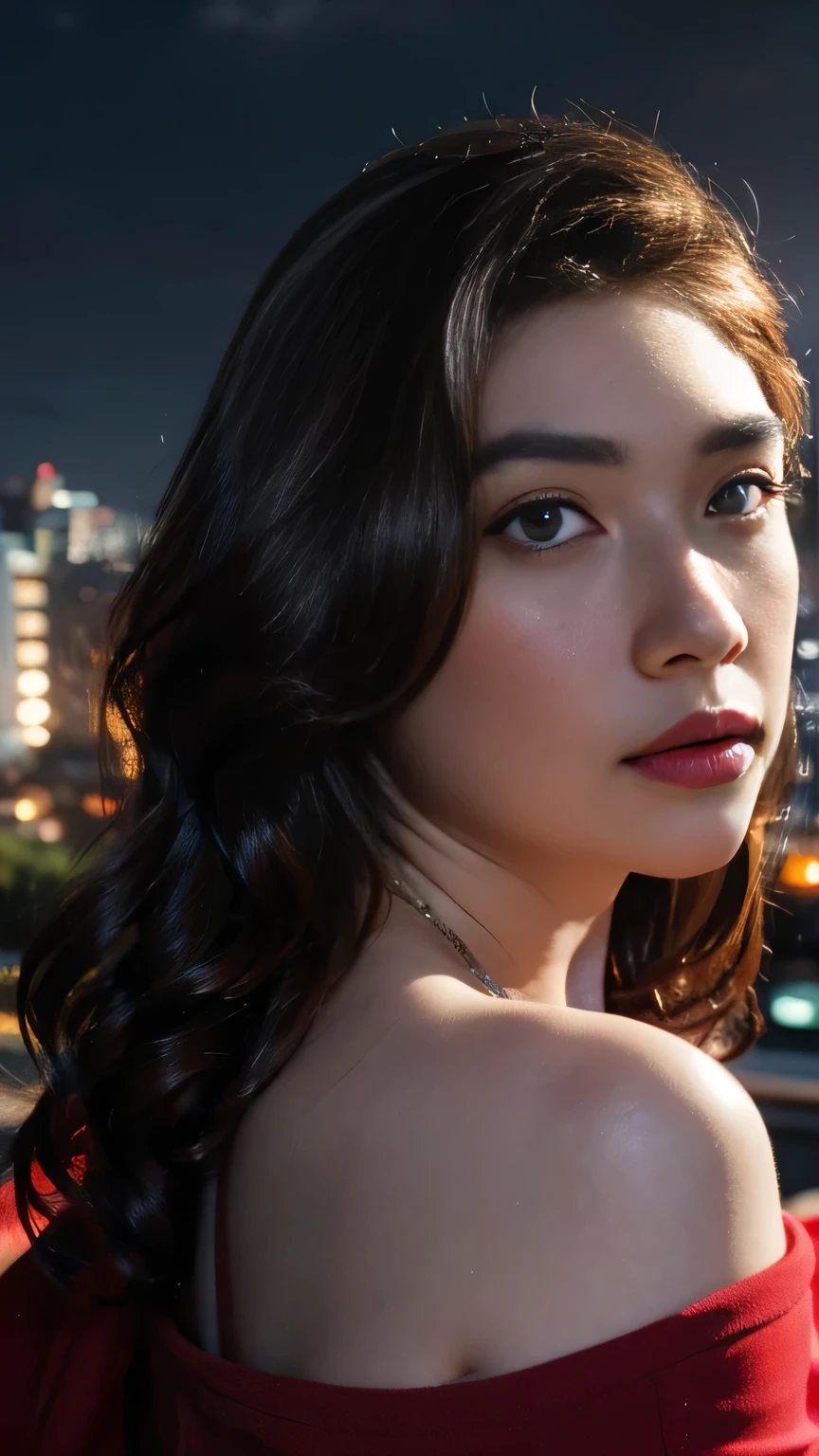 masterpiece, best quality,, sexy women, (colorful),(finely detailed beautiful eyes and detailed face),cinematic lighting,bust shot,extremely detailed CG unity 8k wallpaper,wavy hair,solo,angry face,red dress,((flying petal)), sky, cloudy_sky, building, moonlight, moon, night, (dark theme:1.3), light, fantasy,