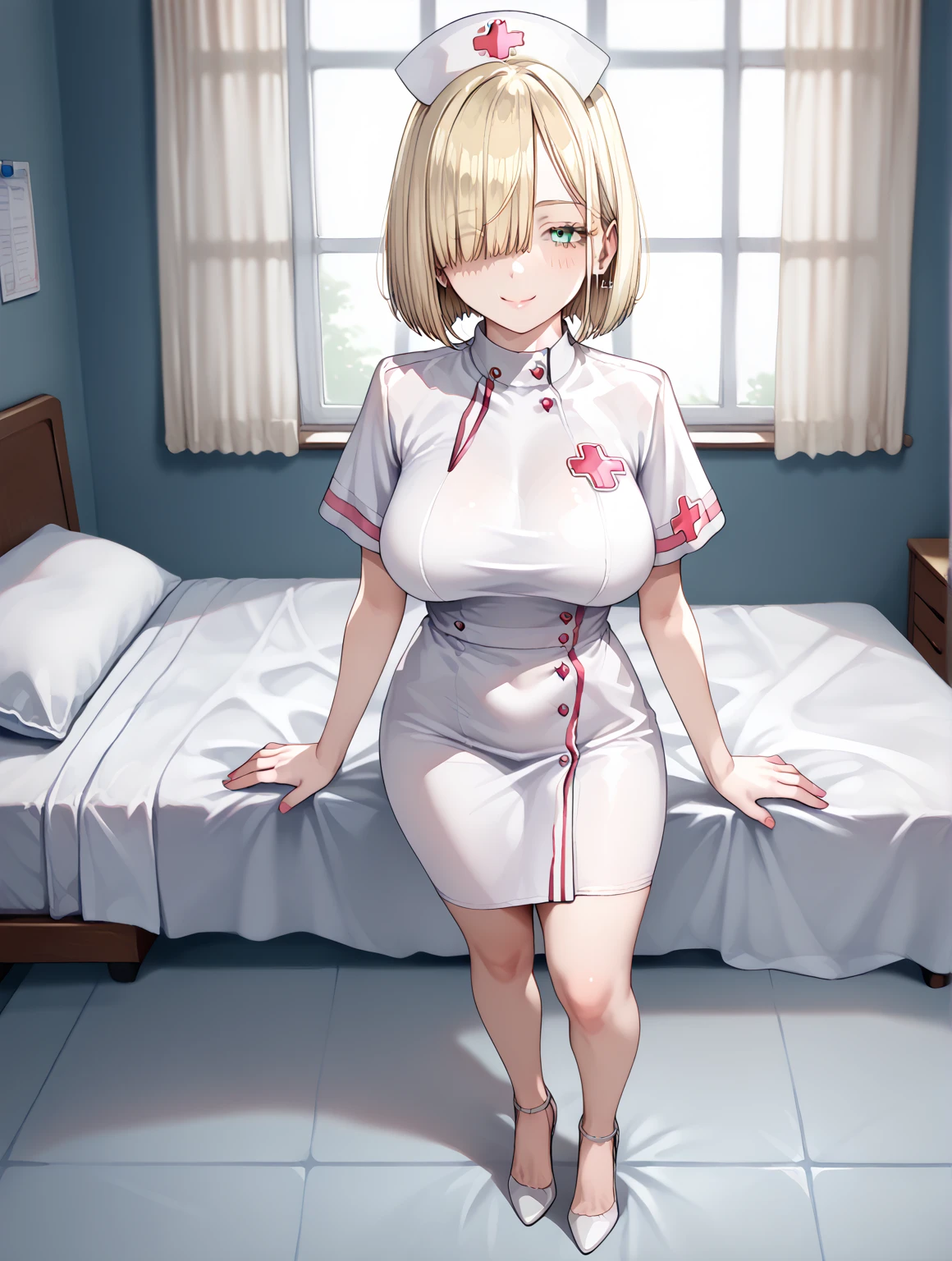  masterpiece,  The best quality,  looking at the spectator , score_9, score_8_above, score_7_above,source_anime,
Luxurious bedroom  , NSFW,  sexy girl, 1 girl ( full body, curvilinear, blonde hair,  cut bob,  hair over the eyes, choke, sexy pose standing ,  Sexy Nurse,  seductive expression), ( naturally saggy big breasts:1.3),  thick thighs , caderas anchas, High heel,  Satisfied smile 