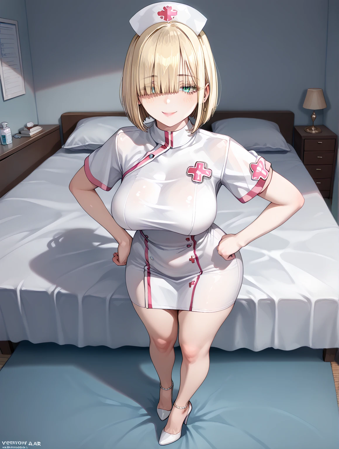  masterpiece,  The best quality,  looking at the spectator , score_9, score_8_above, score_7_above,source_anime,
Luxurious bedroom  , NSFW,  sexy girl, 1 girl ( full body, curvilinear, blonde hair,  cut bob,  hair over the eyes, choke, sexy pose standing ,  Sexy Nurse,  seductive expression), ( naturally saggy big breasts:1.3),  thick thighs , caderas anchas, High heel,  Satisfied smile 