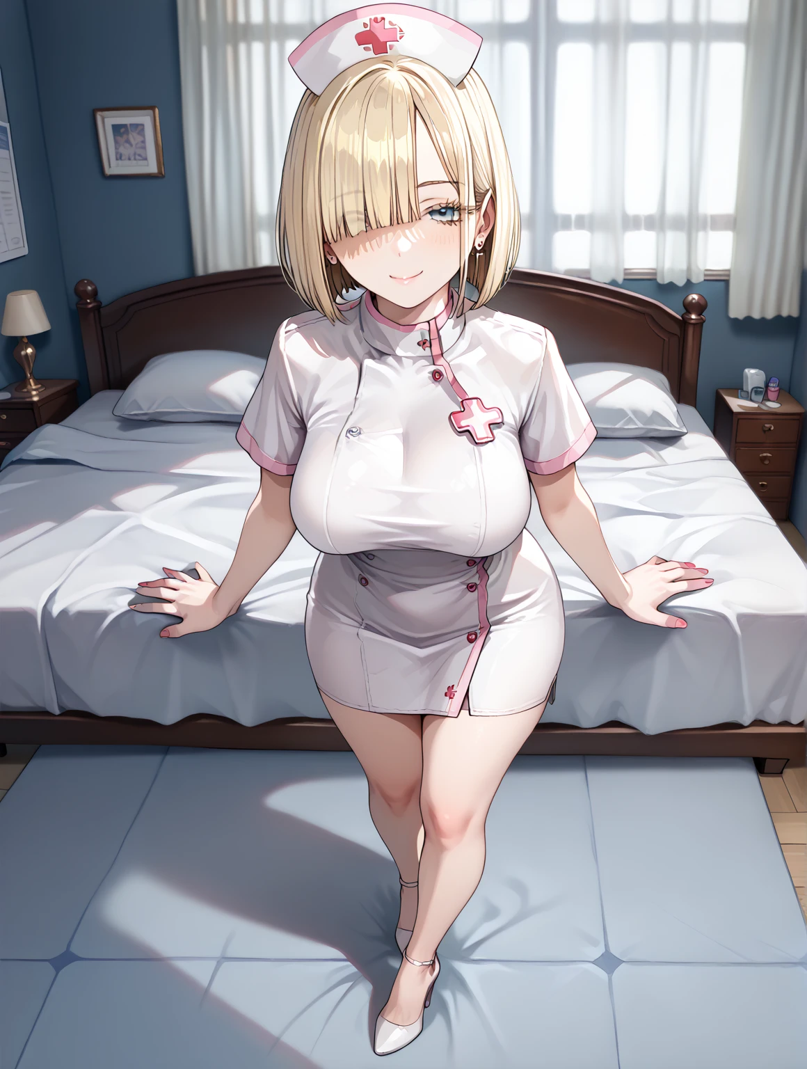  masterpiece,  The best quality,  looking at the spectator , score_9, score_8_above, score_7_above,source_anime,
Luxurious bedroom  , NSFW,  sexy girl, 1 girl ( full body, curvilinear, blonde hair,  cut bob,  hair over the eyes, choke, sexy pose standing ,  Sexy Nurse,  seductive expression), ( naturally saggy big breasts:1.3),  thick thighs , caderas anchas, High heel,  Satisfied smile 