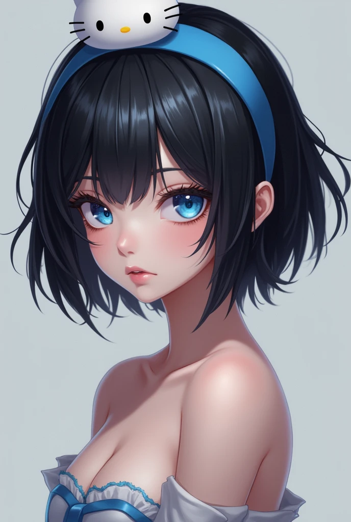 a young adult anime woman who is a bit of a joker and calm at the same time, with a dark appearance with pale spots of vitiligo running through her body from head to toe, half of her left face separated by a large spot of a pale color from the vitiligo also affecting the color of her now white left eyelash forming a kind of wave at the edges. With deep blue eyes and small moles on her cheeks and shoulder, along with shoulder-length brown wavy hair and a small braid on the right side.