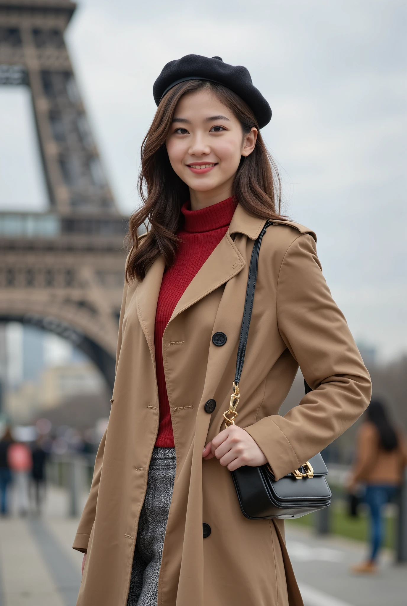 A captivating Asian woman in her twenties, reminiscent of the amazing beauty and allure of the model Jeon Somi. Rendered in hyper-realistic detail with exceptional ((flawless features)). Porcelain skin: skin like luminous porcelain, radiating a healthy and youthful glow. Every highlight and shadow should be carefully processed to enhance her natural beauty. ((perfectly defined features)) Sharp cheekbones, sculpted jawline, a subtle touch of realism. Sparkling eyes: captivating eyes, radiating warmth and adventure. Expressive eyebrows: perfectly balanced. Delightful lips: full, perfectly shaped lips curve into a seductive smile. Focus: ((realistic description with extraordinary detail)).
Location: London, England - A vintage London Underground train carriage bathed in the warm glow of antique lamps. Plush red velvet seats and brass fittings evoke a sense of classic elegance. Passengers peek out from behind open newspapers, adding a touch of life to the scene.

Description: A captivating Asian woman in her twenties, reminiscent of the model Jeon Somi. Hyper-realistic details showcase flawless features - a touch of makeup applied with a vintage aesthetic. Sparkling eyes sparkle with amusement as she observes the bustling city life through the window. Her lips are curved into a playful smile.

Pose & Outfit: Elegantly leaning against a leather seat, her legs crossed and one hand resting on the windowsill. She is clad in a stylish vintage outfit - a fitted tweed coat, a timeless polka-dot dress, and a pillbox hat perched at a jaunty angle. A red leather purse rests on her lap, completing the classic look.

Viewpoint: View from within the train carriage, capturing the interaction between the model and the passing cityscape through the window.

Emphasis: Exceptional quality, hyper-realistic detail, vintage London Underground atmosphere, timeless elegance.