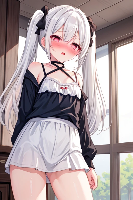 -yeld giTank top、mini skirt、White Hair、Fluffy long hair、Red eyes、Cat's eyeid-chest、Neat and clean dresses、fellatio,