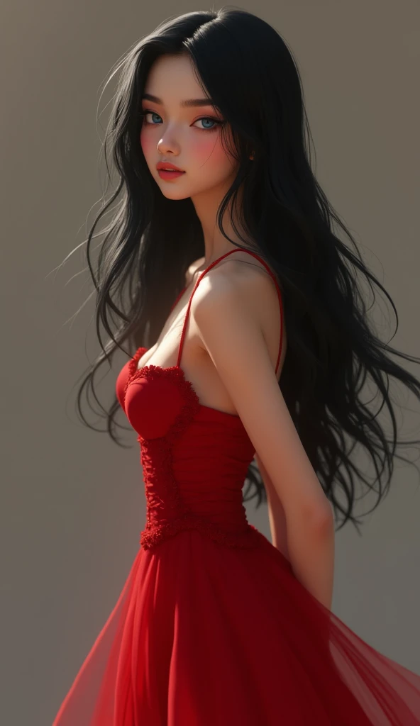 woman in red dress, brown eyes, full lips, flushed cheeks, long black hair