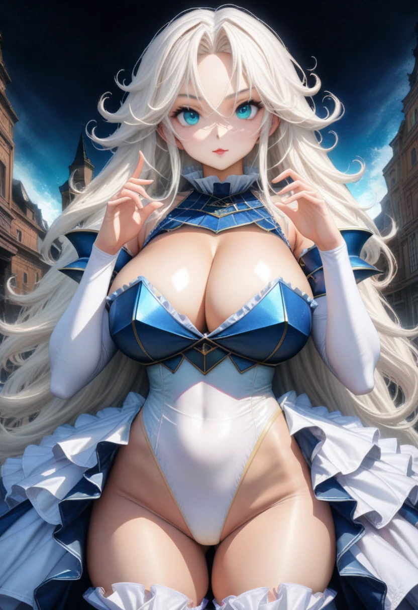 ((masterpiece)),((highest quality)),((8k)),((Ultra-detailed anime style)),((Azur Lane style)),cowboy shot,(solo),1girl,A beautiful face with perfect makeup,thicc body,((multicolored layered ruffle armored dress:1.3)),((ball gown high leg leotard:1.5)),Knight Cape,long coat,(skindantation tightening zettai ryouiki thigh-high socks),breastplate,gauntlet,bracers,elbow pads,((white pantyhose)),((white long messy hair:1.2)),Long flowing asymmetric parted bangs,large long saggy breasts,white dress elbow gloves,cleavage,(cameltoe:0.8),beautiful aqua eyes,perfectly accurate hand,perfect fingers,long glove,Strike a Pose,castle town at night,beautiful lighting