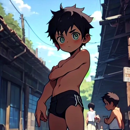 ten year old boy, Shota, Completely naked, Slim Sexy , black hair,  Simple Gesture , Dick,  Displays Penis and Body,Demon Hunter,A row of people,  high detail,  Downward Looking Lens ,  Anatomically Correct , blush, 