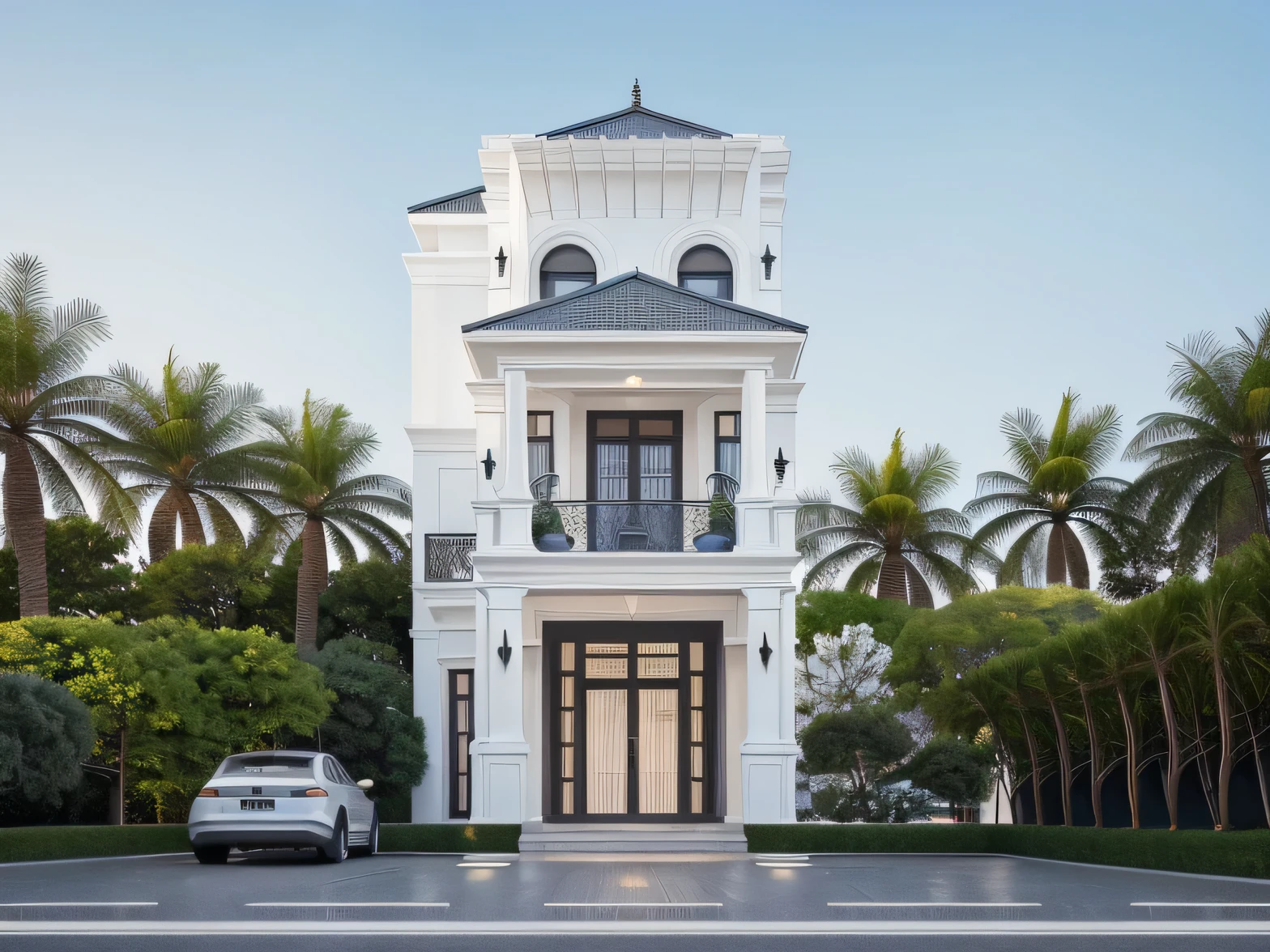1 morden WHITE house,1large yard, 1 road runs in front of the house, (RAW photo, real, best quality, masterpiece:1.2), look morden minimalist, 1 road in front of the house, dynamic lighting:1.3, (hyper realistic, photo-realistic:1.2), high quality, (dark lighting:1.2), perfect lighting, archdaily, no human, light at 12 noon, warm light in door:1.4, blue sky:1.3, shimering lighting:1.2