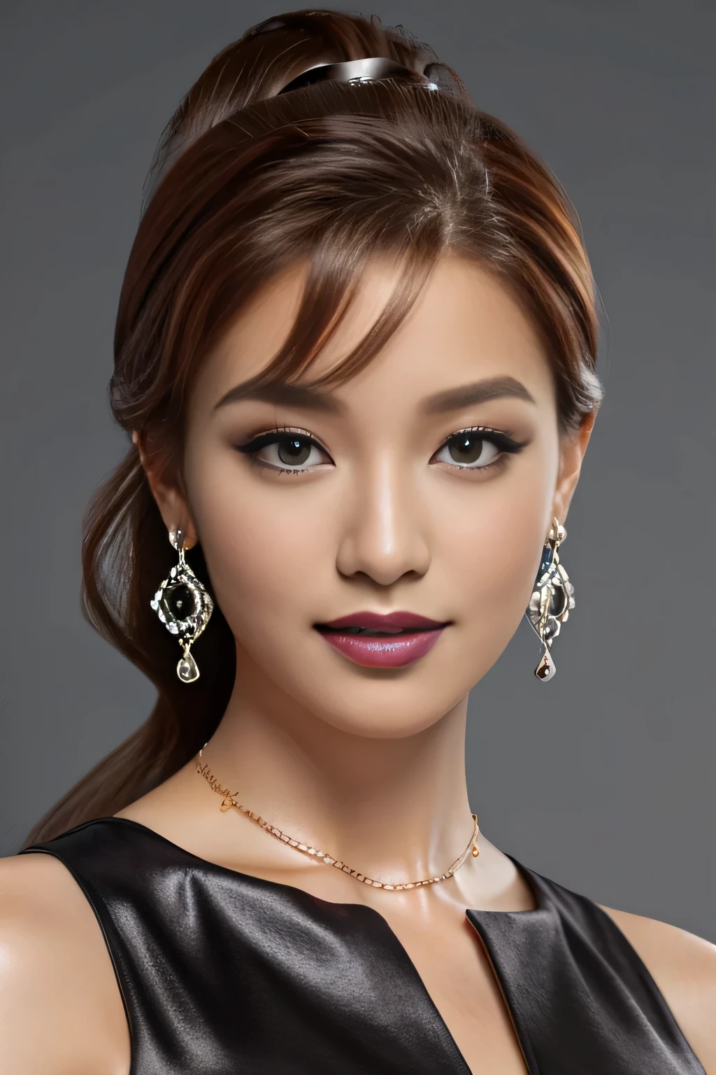 A close up of a woman wearing a black dress and earrings - SeaArt AI