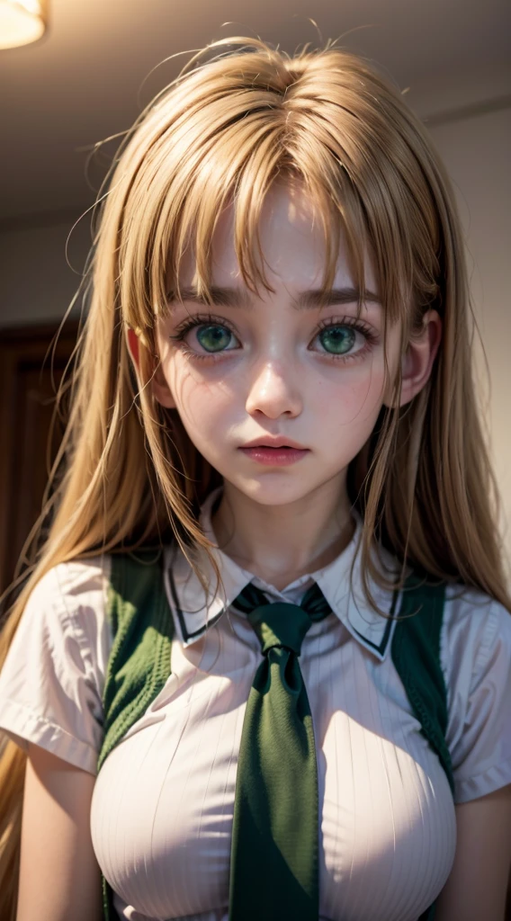 asia argento, long hair, blonde hair, (green eyes:1.3), (parted bangs:1.5), ahoge,
16k, highres, masterpiece, best quality, realistic, cinematic photo a very short girl, solo, (looking at viewer:1.2), high definition, 8K, detailed face, grabbing her breast, showing her breast,long hair, blonde hair, (green eyes:1.3), school uniform, white shirt, black vest, red ribbon tie, pleated red skirt, indoors, warm lighting, calm expression, neat and tidy appearance, ahoge, soft shadows.






