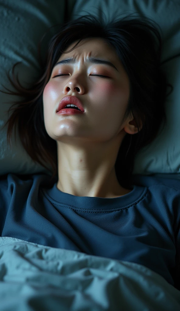 A chinese woman, crying, furrowed eyebrows, closing eyes, open mouth ...