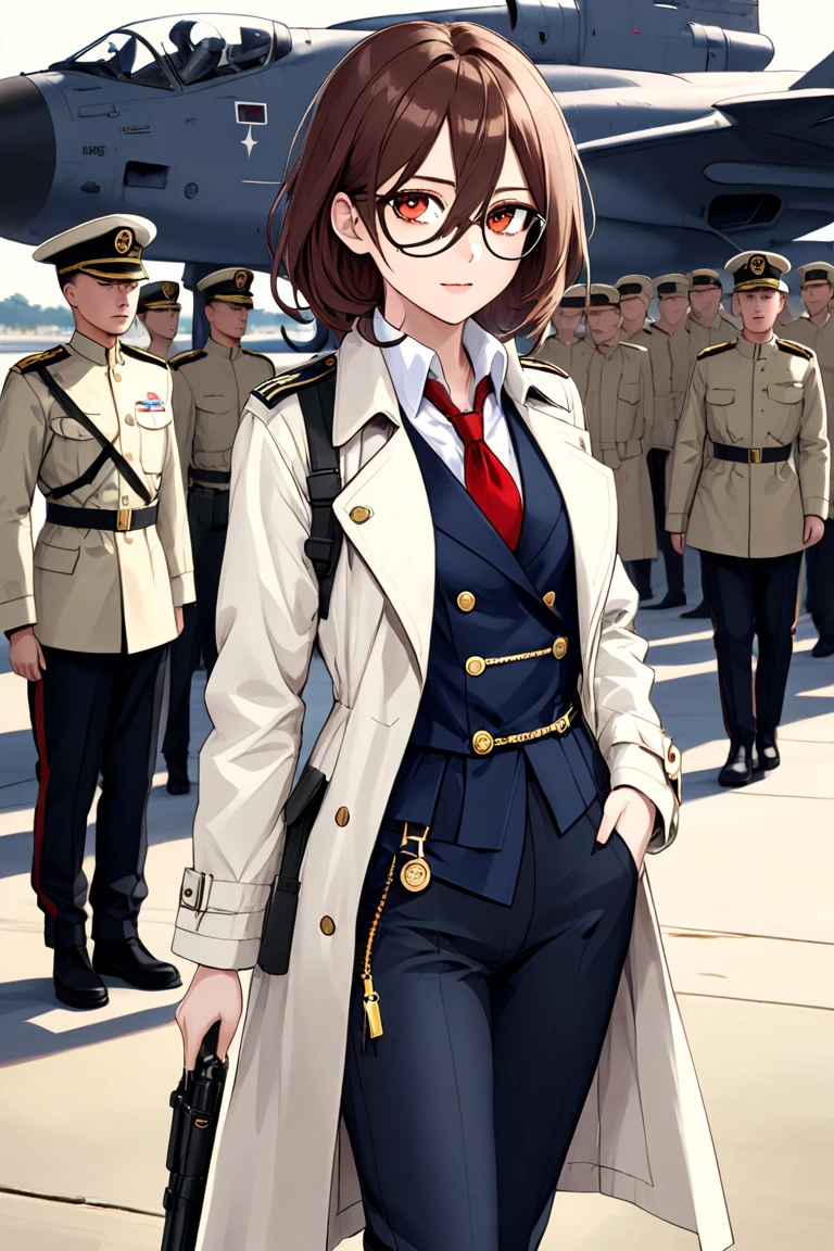 An adult woman with short sepia tousled hair ,  wears black military boots ,  black pants ,  white shirt, red tie, blue vest over the shirt ,  dark navy blue military trench coat with zip pockets and unbuttoned gold details, She wears small lenses , has dark circles under his eyes. background of a military base 