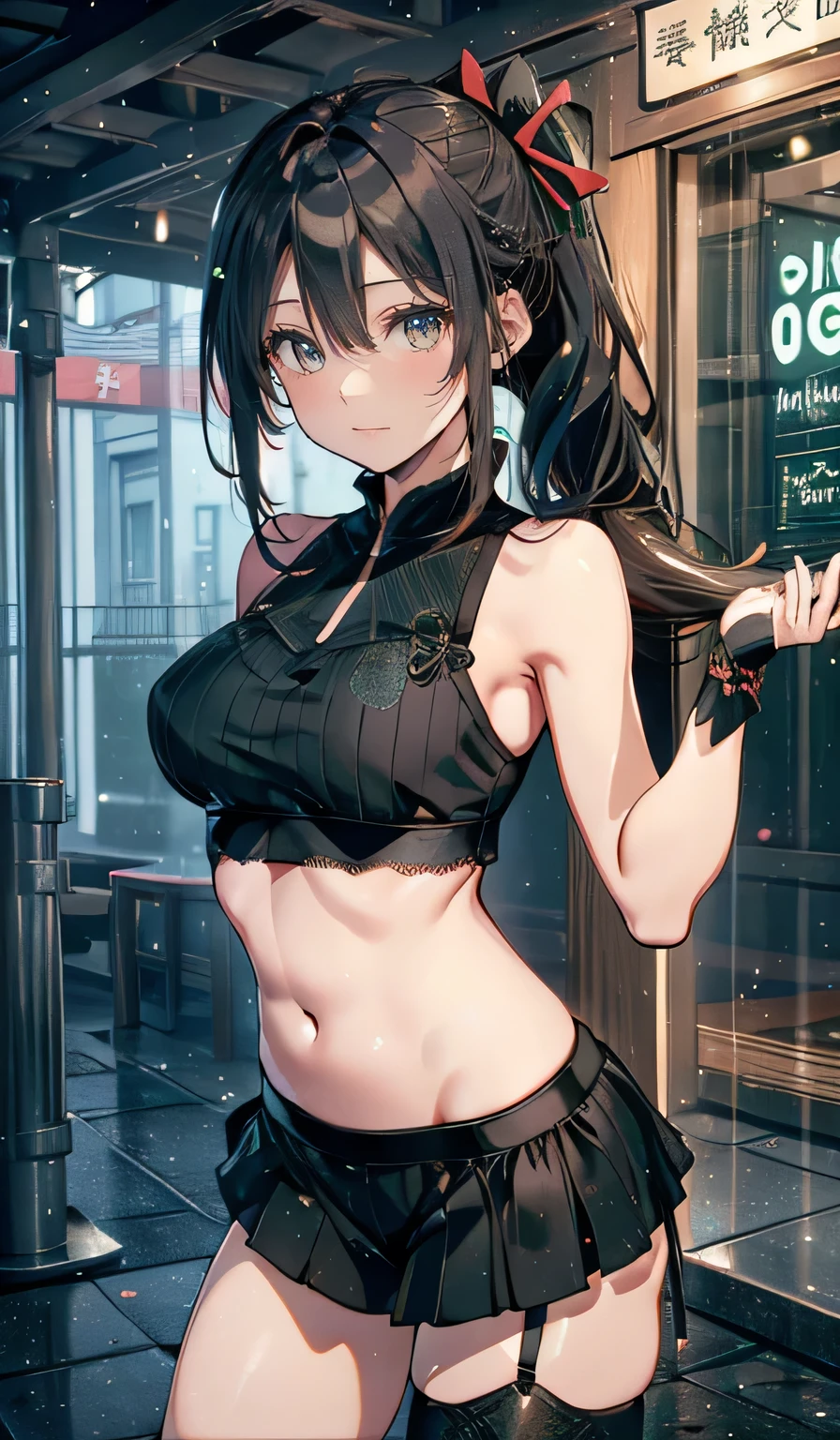 ((Masterpiece)), best quality, absurderes, ultra detailed, holographic, cowboy shot, dynamic pose, golden ratio, super cute girl, mature girl, extremely beautiful, super beautiful asian girl with super beautiful brown shiny eyes, super petite and sexy body, super beautiful legs, super beautiful brown multicolored short hair, high ponytail, shiny and super beautiful skin, nice and sexy body, slim and delicate body, perfect body, wearing a super tight black short sleeve crop top, bare shoulders, super tight translucid black leggings, hot panties, fox hairband, being photographed in a popular kawaii food court
