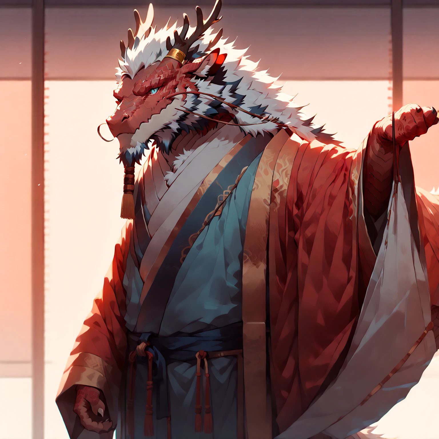 Eastern Dragon, Male, Solo, Middle-Aged, Daddy Vibe, Beard, Dragon horns, Scales, Wearing Kimono, Walking, Japanese Building Terrace With cherry blossom Background, Sexy, Looking at viewer, 1boy, (Photorealistic, Realistic Shadows, Cinematic Lighting, Depth of Field, Low Between Legs Shot), Pecs, Hands out, Dragon Claws, Chest Hair, Legs, Bulge