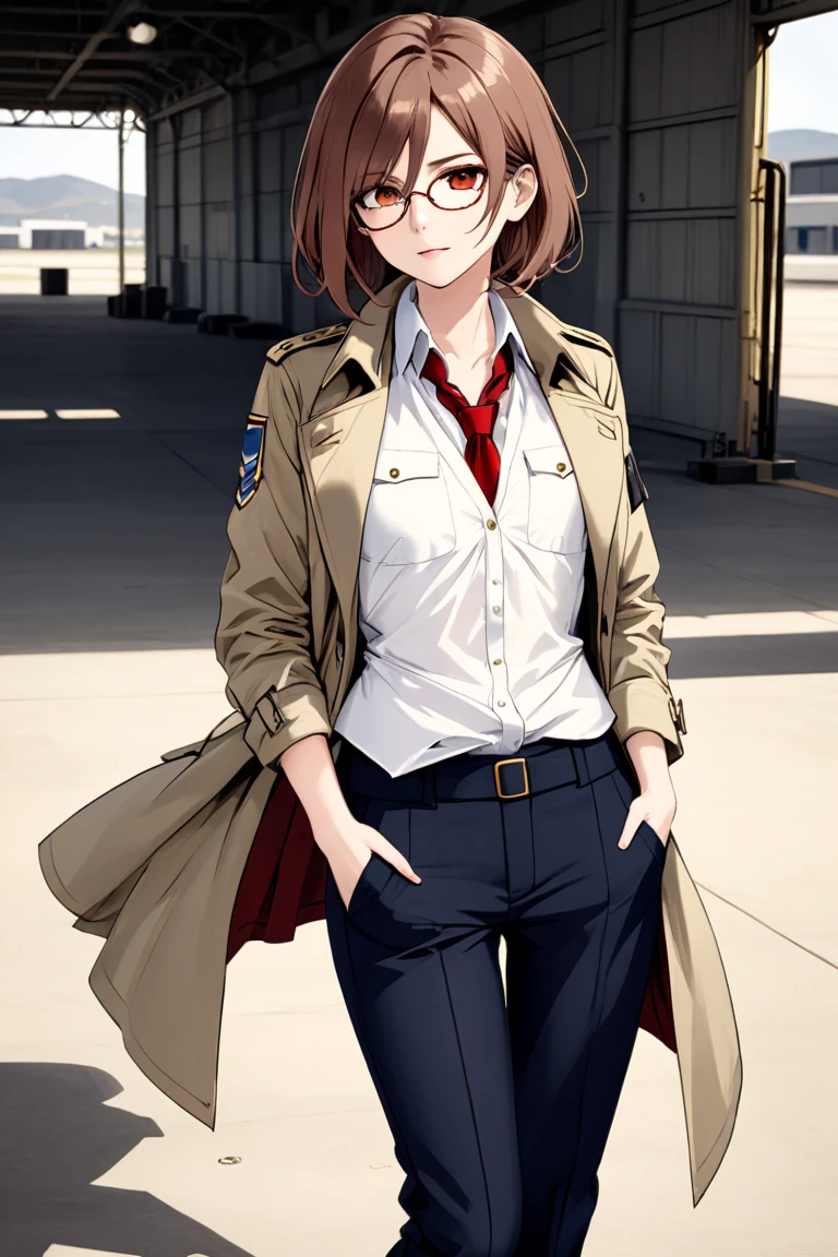 An adult woman with short sepia tousled hair ,  wears black military boots ,  black pants ,  white shirt, red tie, blue vest over the shirt ,  dark navy blue military trench coat with zip pockets and unbuttoned gold details, She wears small lenses , has dark circles under his eyes. background of a military base 