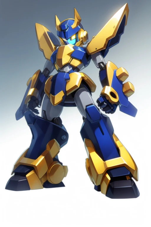 A tall blue and black Medabot with gold trim, high detail, gradient background, MedabotV2, mecha