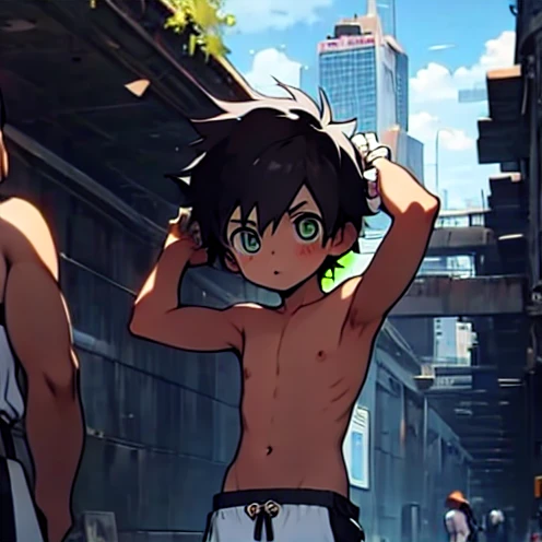 ten year old boy, Shota, Naked, Slim Sexy , black hair,  Simple Gesture , Dick,  Displays Penis and Body, A row of people,  high detail,  Downward Looking Lens , blush, 