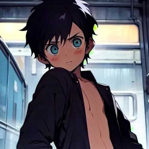 ten year old boy, Shota, Naked, Slim Sexy , black hair,  Simple Gesture , Dick,  Displays Penis and Body, A row of people,  high detail,  Downward Looking Lens , blush, 