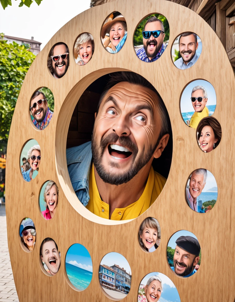 Face in the Hole Board, Face Hole Cutout Boards with illustration of a macho man, Grandma peeking out from the face in the hole board, Face-in-the-hole Photo Boards at Sightseeing