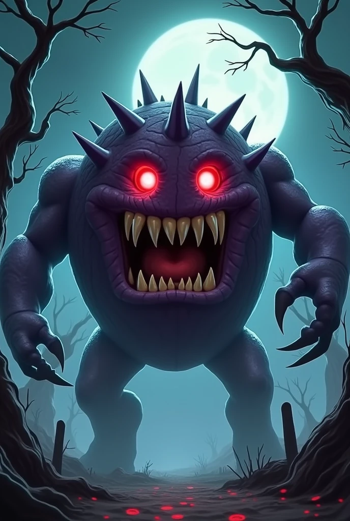 Monster character brightly
purple color with big teeth in the darkness