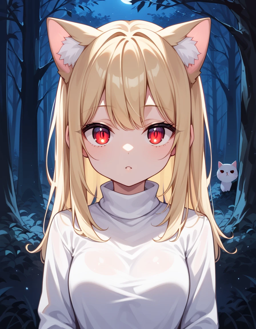 score_9, score_8_up, score_7_up, solo, peeking out, upper body, hiding behind tree, night, horror \(theme\), forest, necoarc, glowing eyes, cat ears, blonde hair, red eyes, chibi, :3, white shirt, turtleneck, looking at viewer