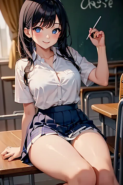 1girl, solo, looking_at_viewer, smile, bangs, blue_eyes, skirt, shirt, black_hair, sitting, underwear, school_uniform, blue_hair, panties, short_sleeves, thighs, socks, medium_hair, white_panties, plaid_skirt, pantyshot, crossed_legs, summer_uniform, nijigasaki_academy_school_uniform
