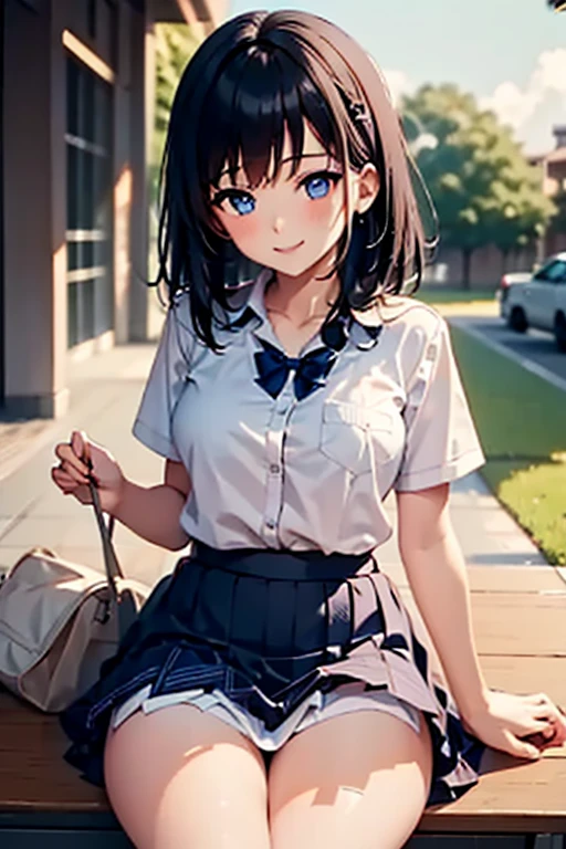 1girl, solo, looking_at_viewer, smile, bangs, blue_eyes, skirt, shirt, black_hair, sitting, underwear, school_uniform, blue_hair, panties, short_sleeves, thighs, socks, medium_hair, white_panties, plaid_skirt, pantyshot, crossed_legs, summer_uniform, nijigasaki_academy_school_uniform
