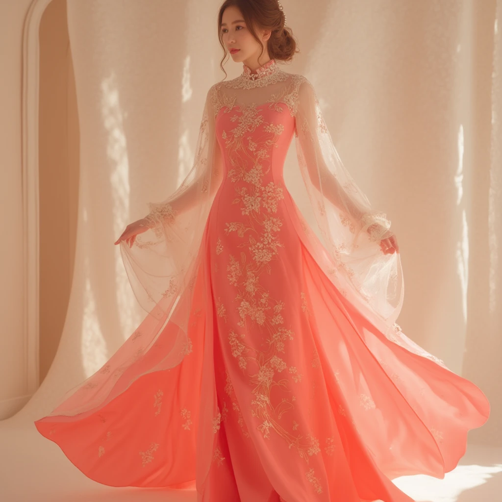 A stunning modern Vietnamese Ao Dai, beautifully reimagined in a vibrant coral pink hue that radiates elegance and grace. The dress features a contemporary silhouette with a fitted bodice that flows into a gracefully flared skirt, perfectly enhancing the figure. Intricate floral patterns, delicately embroidered in gold and silver threads, adorn the front and back, adding a touch of sophistication and artistic flair.

The sleeves are elegantly tailored, with subtle lace detailing at the cuffs that lend an air of femininity. A sheer overlay, lightly textured, drapes over the traditional form, creating a harmonious blend of classic and modern styles. The neckline is designed in a flattering boat shape, adorned with a delicate string of pearls that complements the overall look.

The figure moves gracefully, exuding confidence and style as the flowing fabric of the Ao Dai sways beautifully with every step. The scene captures a radiant presence against a softly lit backdrop, highlighting the intricate details of the dress and the poised elegance it conveys, making this modern Ao Dai a true statement of timeless beauty.