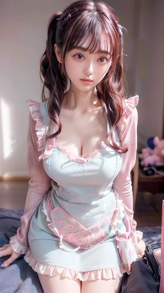 (((One adult woman:1.3))), (((**************:1.4))), (((lots of toys:1.2))), (colorful room), 
close up, 
(((slender))), beautiful, cute, (((female nursery teacher:1.2))), Large Breasts, 
(((Cute apron:1.3, lace, frills))), ((long sleeve T-shirt, cleavage)), 
((Blunt Bangs)), (((Medium Hair, Wavy Hair, Curly Hair, Twin Tails))), 
cinematic lighting, 
((shiny pink cheeks)), glossy pink lips, pink eyeshadow, (Dark eyeliner), (Dark mascara), (under-eye bags), 
(((Blurred Background))), Fantastic, Epic Scale, 
(best quality), (high quality), (masterpiece), (4k, 8k, raw photo), (Highly Detailed Face and Skin Texture), 
(Very elegant and beautiful, Perfect detail, Super detailed), Beautifully detailed whole body, Depth of written boundary, 
