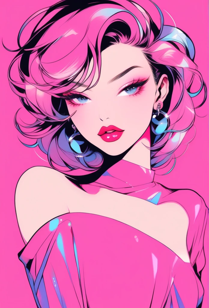 Illustrator, anime , Realistic ,sketch , 1 person, model, lip, A dress with a revealing neckline, order, Blue and pink gradient background, Neon colored hair, Upper Body, Sexy pose, Texture Trim, Russia, (masterpiece,Highest quality)