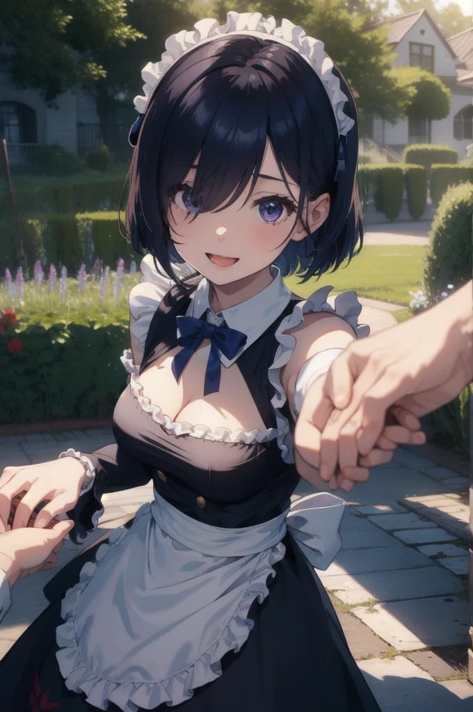 anime, hdr, soft light, ((best quality)), ((masterpiece)), (detailed), IncrsHoldingHandsPov, holding hands, pov hands, remrin, blue hair, hair over one eye, medium breasts, maid, purple ribbon, maid headdress, roswaal mansion maid uniform, white apron, detached sleeves, looking at viewer, :d, outdoors, garden