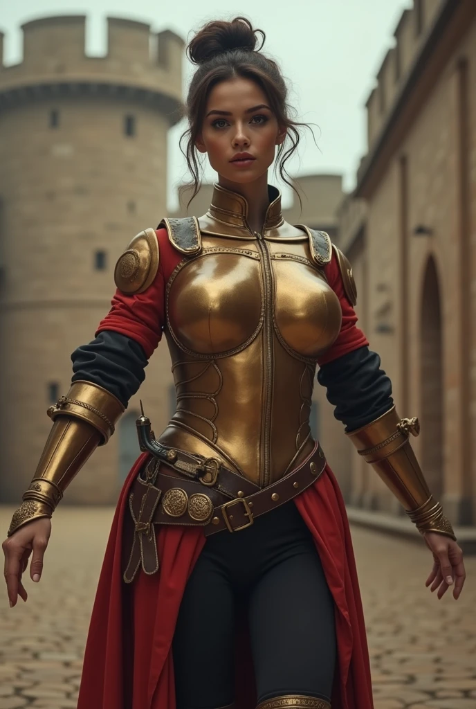 (foto crua), (realista), (fotorrealista), ultra-high resolution, obra de arte, mais alta qualidade, retrato, facial retrato, perfect lighting, detailed lighting, dramatic shadow, Rastreamento de raio, 1 linda garota, , decote lindos olhos azuis detalhados, fleshy lips, pink lips, coxas grandes e grossas, Cabelo cacheado curto, cabelo loiro, Boca meio aberta, olhando para o espectador, sorriso, ((armadura peitoral:1.35)), ((tanga longa:1.2)), manopla, Piercing no umbigo, apple with thorns, ((pequeno escudo redondo:1.2)), ((antigo coliseu romano:1.5)), (Plateia lotada),
