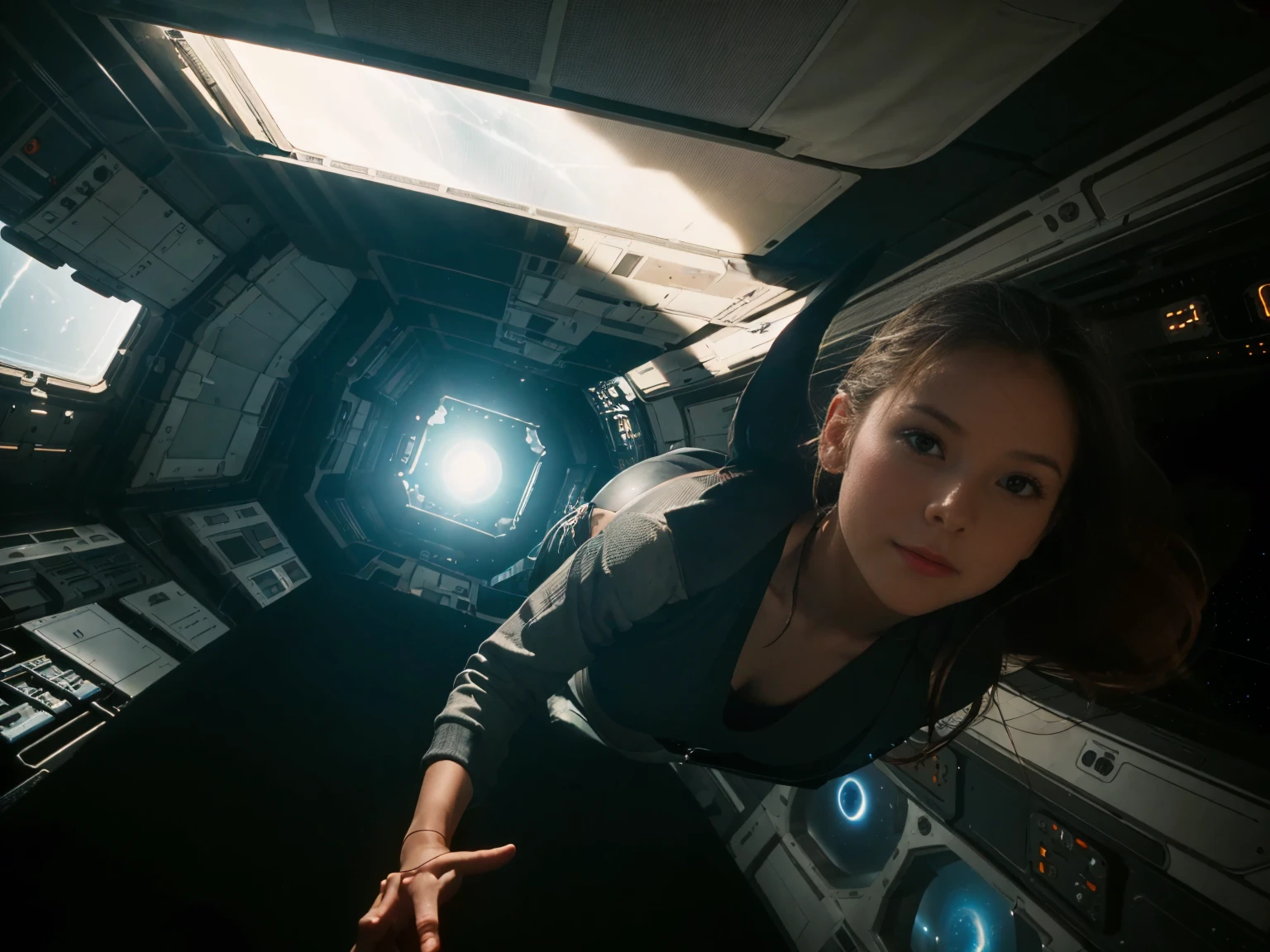 (8k, RAW photo, best quality, masterpiece), (photorealistic), outstanding details, ultra-high resolution, anatomically correct, textured skin, (Extremely precise and accurate anatomy),
Ultra Detailed Face, Detailed Eyes, 

(whole body), (full body), (Wide-angle lens effect:1.2),
a beautiful female space pilot,  Cute Japanese girl , 20-year-old, (light smile), Brown eyes,  Side braids, Brown Hair, 
Black tank top, blue leggings, barefoot, cinematic lighting in the hair, hair light, wind in the hair,
the girl is floating around in zero gravity in a cabin of a futuristic spaceship, 
no gravity, weightless, flying around, Free to move up and down, 
A vast cylindrical cabin, a white minimalist cabin,
through a window in the spaceship we can see the black hole from the movie Interstellar, or a spiral galaxy, 
a glowing orange light from the planet outside the space ship is dominating the scene, 

morning sun, (backlighting), (face lightning from below:1.4),   
atmospheric perspective, depth of field, 
dramatic lighting, cinematic lighting, 
Artistic, Baroque, Cinematography,