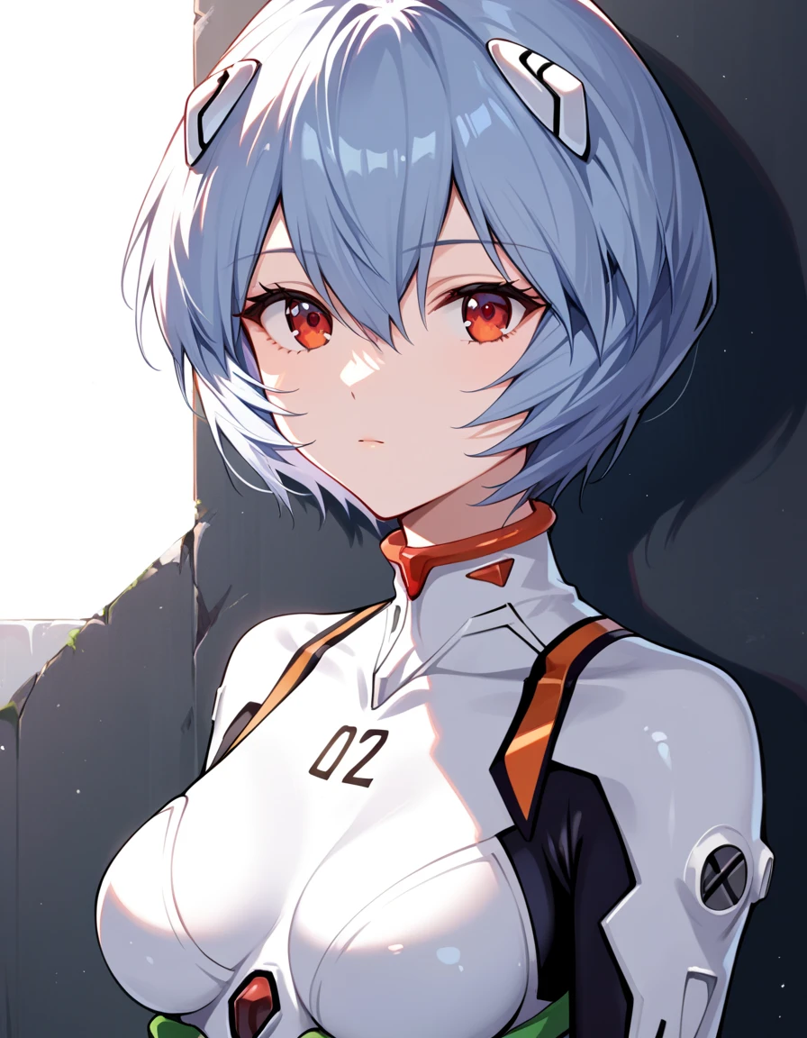 score_9, score_8_up, score_7_up, score_6_up, score_ANIME, looking at viewer, 1girl, ayanami rei \( neon genesis evangelion\), expressionless, red eyes, (number 00 on chest), medium breasts, close up, white bodysuit,