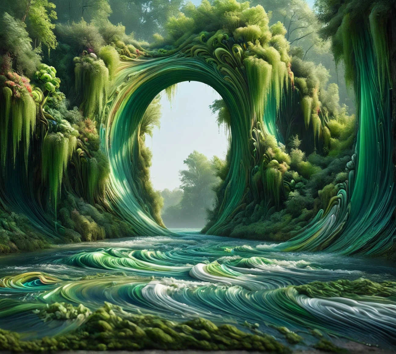  The inspired matte painting ， depicts a river with a bouquet of green water, Hyperrealistic water art, in  a surreal dream landscape,  Scenery rotating in the forest, Hyperrealism 8k, Realistic rippled fabric,   Incredible digital art  , surreal scene, Water Art Control, Surrealist digital art ,  a surreal dream landscape, breathtaking digital art, Hyperrealistic digital art,  surreal 3D rendering 