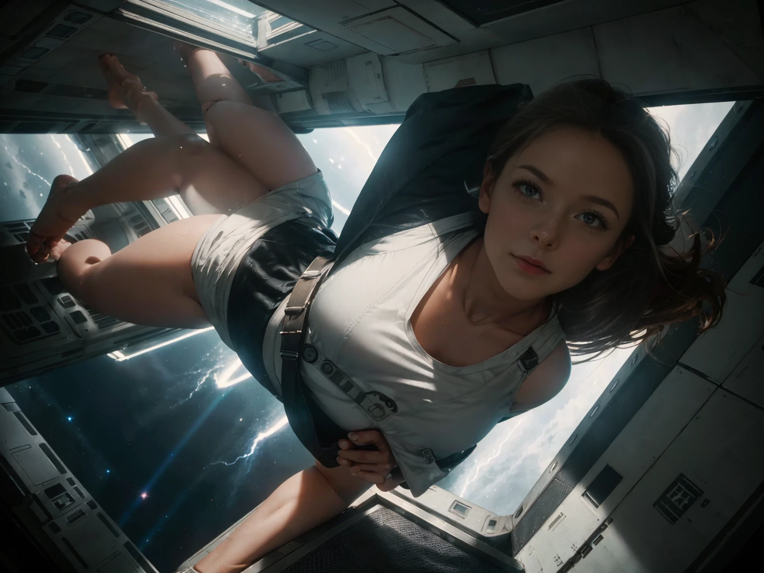 (8k, RAW photo, best quality, masterpiece), (photorealistic), outstanding details, ultra-high resolution, anatomically correct, textured skin, (Extremely precise and accurate anatomy),
Ultra Detailed Face, Detailed Eyes, 

(whole body), (full body), (Wide-angle lens effect:1.2),
a beautiful female space pilot,  Cute Japanese girl , 20-year-old, (light smile),  (Mouth slightly open) , 
Black tank top, blue leggings, barefoot, Side braids, Brown Hair, cinematic lighting in the hair, hair light, wind in the hair,
the girl is floating around in zero gravity in a cabin of a futuristic spaceship, 
no gravity, weightless, flying around, Free to move up and down, 
A vast cylindrical cabin, a white minimalist cabin,
through a window in the spaceship we can see the black hole from the movie Interstellar, or a spiral galaxy, 
a glowing orange light from the planet outside the space ship is dominating the scene, 

morning sun, (backlighting), (face lightning from below:1.4),   
atmospheric perspective, depth of field, 
dramatic lighting, cinematic lighting, 
Artistic, Baroque, Cinematography,