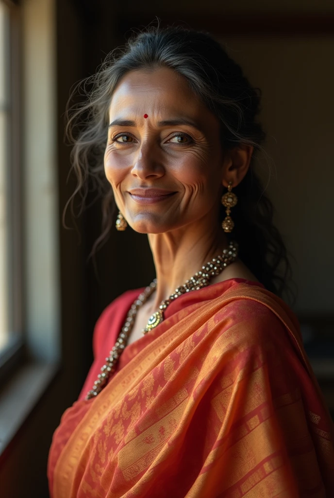 Indian mom wearing saree with beautiful smile 
