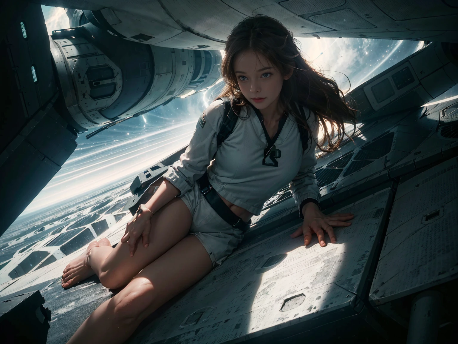 (8k, RAW photo, best quality, masterpiece), (photorealistic), outstanding details, ultra-high resolution, anatomically correct, textured skin, (Extremely precise and accurate anatomy),
Ultra Detailed Face, Detailed Eyes, 

(whole body), (full body), (Wide-angle lens effect:1.2),
a beautiful female space pilot,  Cute Japanese girl , 20-year-old, (light smile),  (Mouth slightly open) , 
Black tank top, blue leggings, barefoot, Side braids, Brown Hair, cinematic lighting in the hair, hair light, wind in the hair,
the girl is floating around in zero gravity in a cabin of a futuristic spaceship, 
no gravity, weightless, flying around, Free to move up and down, 
A vast cylindrical cabin, a white minimalist cabin,
through a window in the spaceship we can see the black hole from the movie Interstellar, or a spiral galaxy, 
a glowing orange light from the planet outside the space ship is dominating the scene, 

morning sun, (backlighting), (face lightning from below:1.4),   
atmospheric perspective, depth of field, 
dramatic lighting, cinematic lighting, 
Artistic, Baroque, Cinematography,